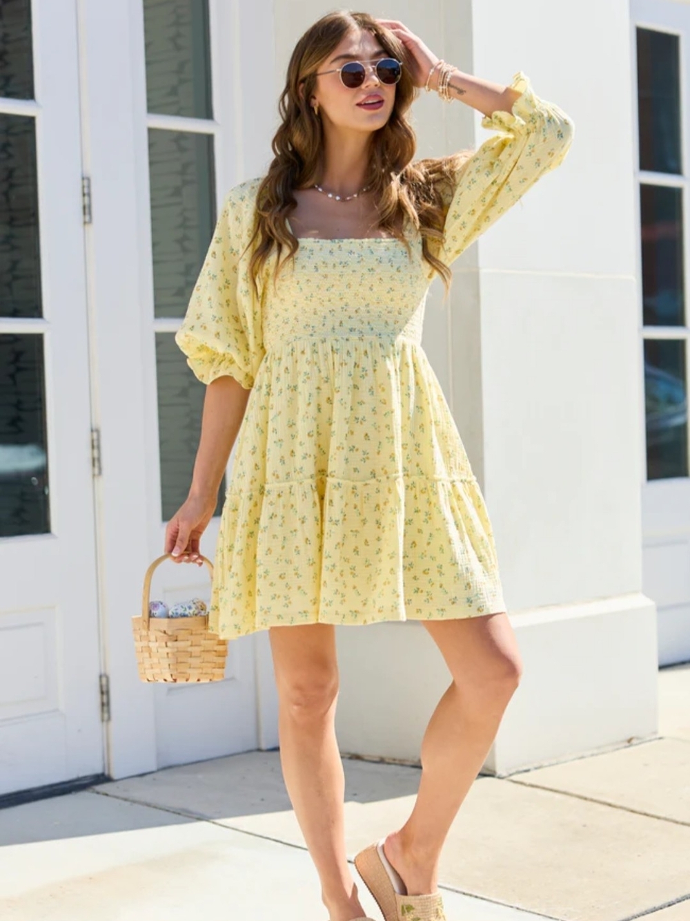 Yellow Floral Smocked Square-Neck Mini Dress NWOT